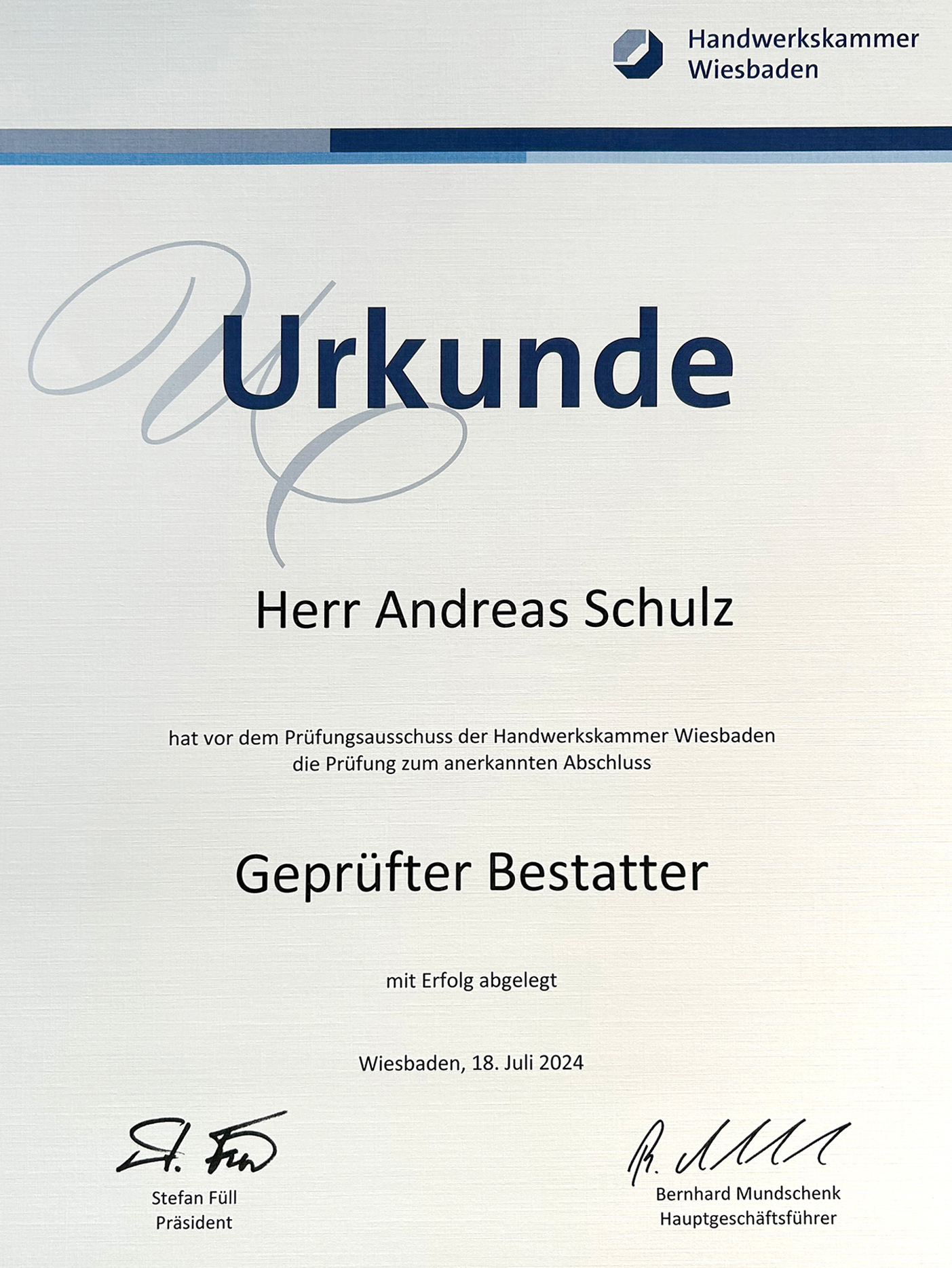 Urkunde Geprüfter Bestatter – Andreas Schulz